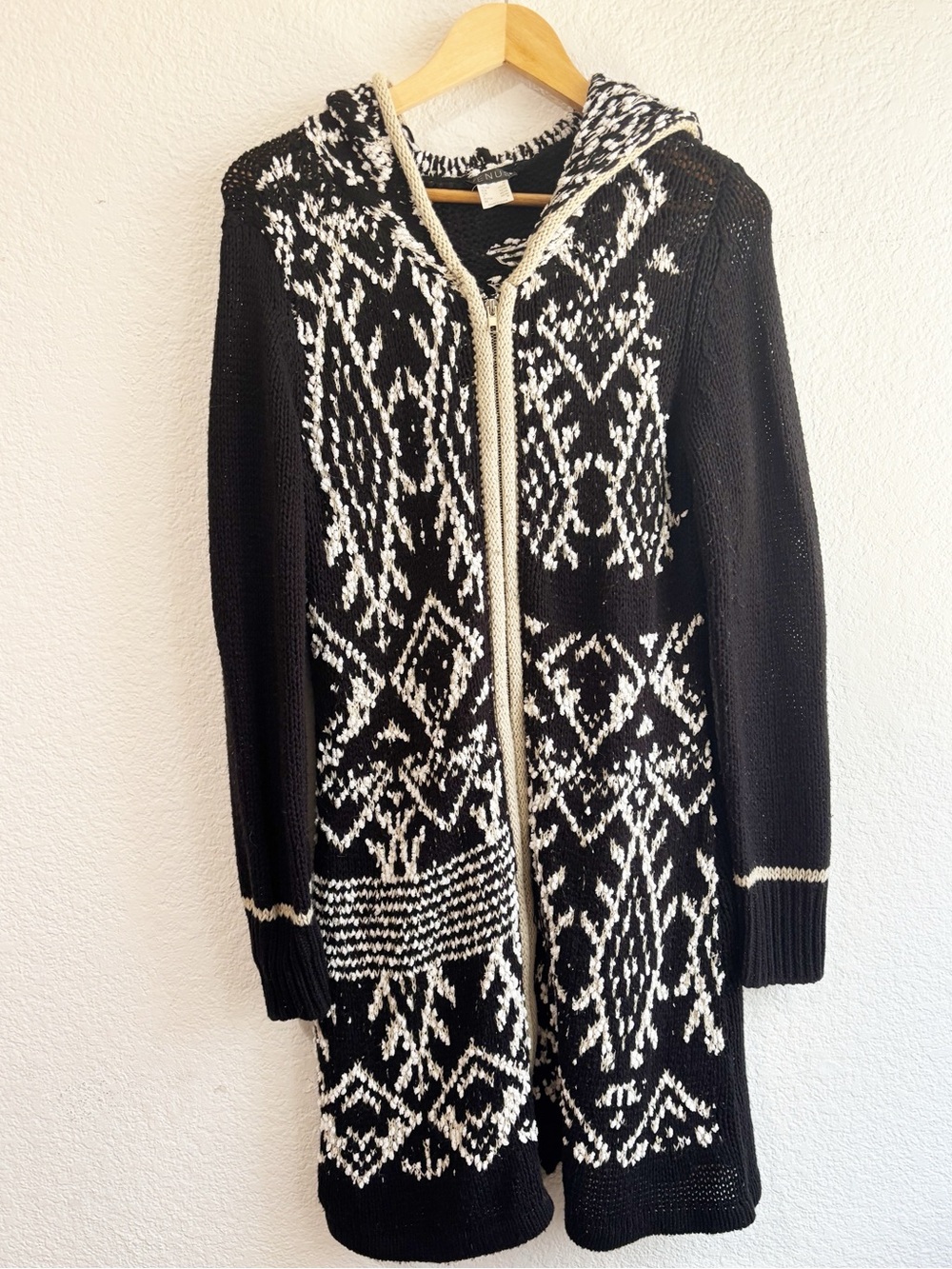 VENUS Black White Zipper Patterned Long Cardigan Medium